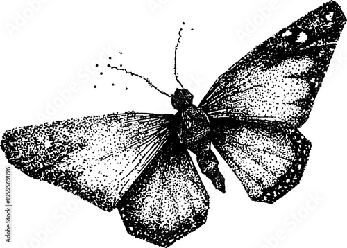 Intricate origami butterfly in minimal black and white design with stippling effect