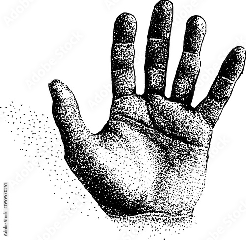 Palmistry hand in black and white stippling illustration for mystic art and design