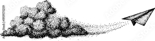 Black and white stippling illustration of a paper airplane flying upward with dotwork
