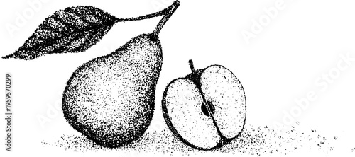 Pear fruit with mandala circle frame in black and white stipple art design