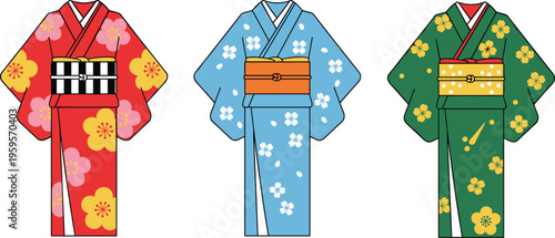 Cartoon Japanese kimono illustration with floral patterns, colorful obi sashes, and traditional attire in vector design