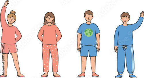 Cartoon group of diverse characters in casual clothing, pajamas, and sportswear standing together with friendly gestures illustration