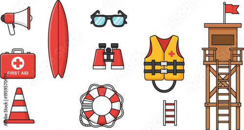 Cartoon lifeguard and beach safety equipment set with tower, surfboard, lifebuoy, vest, first aid kit, and rescue tools illustration