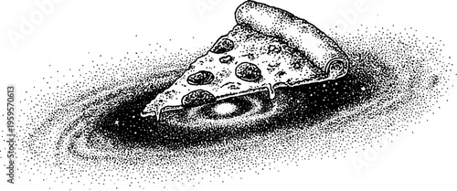 Cosmic pizza slice with galaxy spiral background in black and white for creative design