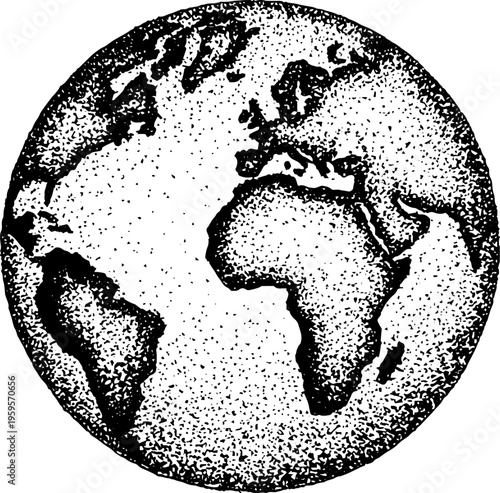 Stippled black and white earth globe with continents for vintage design projects