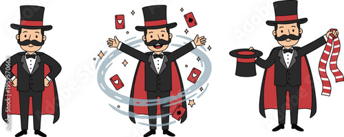 Cartoon magician performing tricks with cards, hat, cape, and magic sparkles in colorful vector entertainment illustration