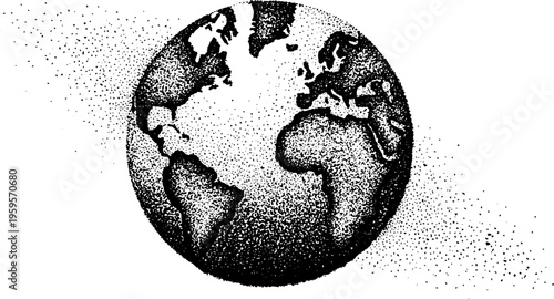 Black and white stippled planet earth illustration with continents for artistic designs