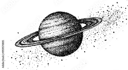 Black and white stippling illustration of planet saturn with rings and stars