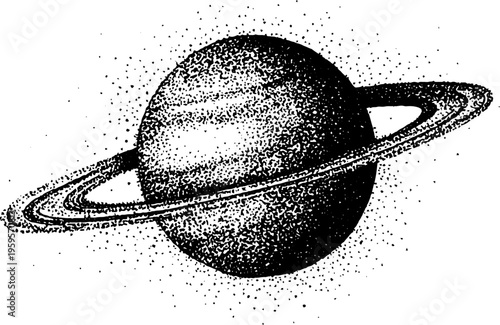 Black and white stippled illustration of planet saturn with rings for design and decoration