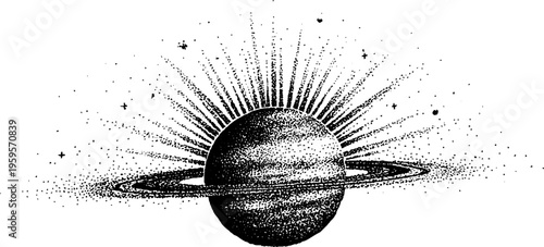 Saturn and galaxy star spiral in black and white with stipple effect