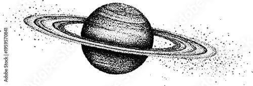 Intricate black and white mandala with planet saturn in dotwork style for cosmic designs