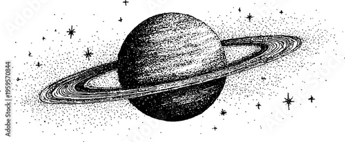 Stippled planet saturn with rings and stars in black and white for celestial designs