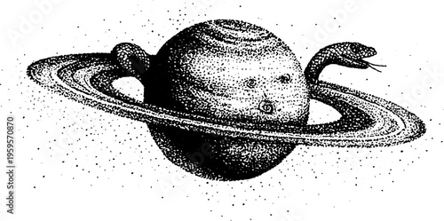 Surreal cosmic scene: saturn with snake encompassing rings in black and white dotwork