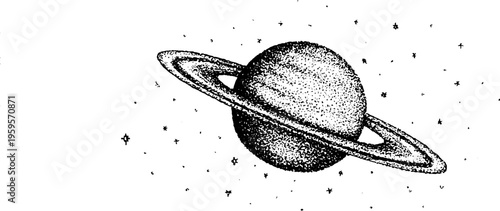 Black and white stippling illustration of planet saturn with rings and stars for space-themed design