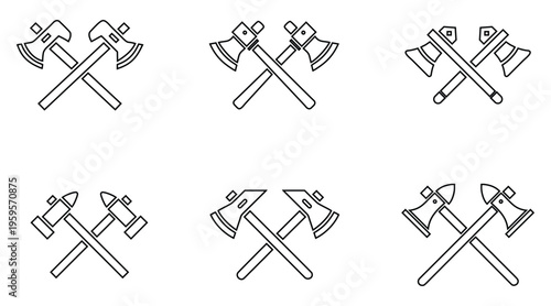 Crossed axes line icon set, woodcutting tool axe outline icon vector illustration