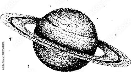 Planet saturn with stars and rings in black and white stipple art design