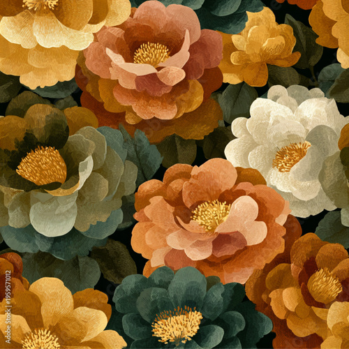 Seamless retro bohemian floral pattern with 70s mustard, burnt orange, and olive tones, digital artwork