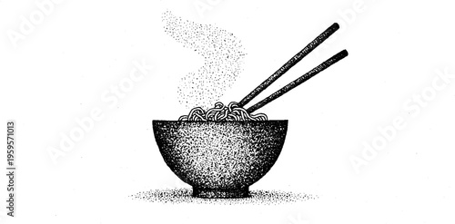 Monochrome ramen bowl with chopsticks and swirling noodles in stipple effect