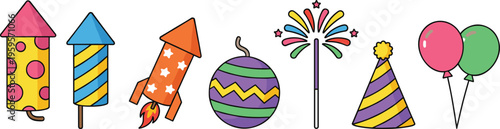 Cartoon party celebration set with fireworks, sparklers, balloons, and festive hat in colorful vector illustration