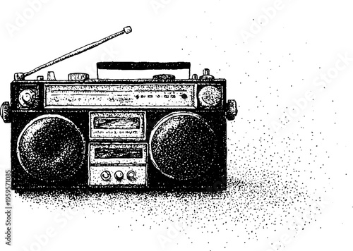 Retro boombox stereo in black and white stippling design for vintage art collection