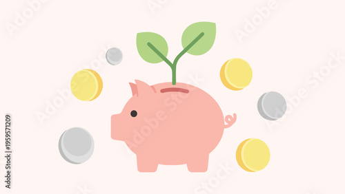 A pink piggy bank with a green plant grows from its slot surrounded by coins.