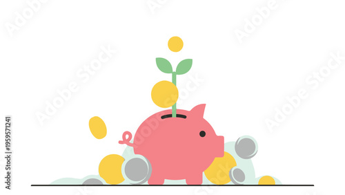 A pink piggy bank grows a plant from coins.