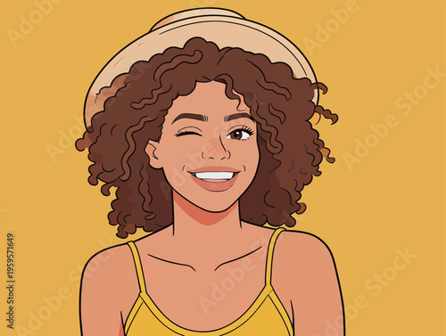 Woman winking and smiling while wearing a hat in front of a bright yellow background during a sunny day
