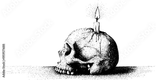 Gothic skull with melting candle art in black and white stipple effect for halloween decor
