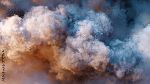 A cloud of thick, billowing vapor with wisps of blue and orange hues, resembling an explosion or atmospheric event