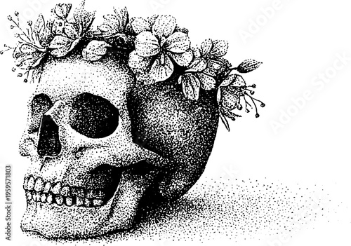 Monochromatic skull with floral wreath in stippling technique for artistic design