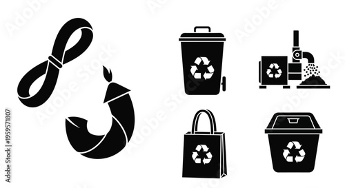 Black and white icons depicting recycling symbols and waste management containers