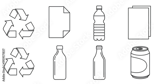 Line art illustration depicting various recycling symbols and common packaging materials