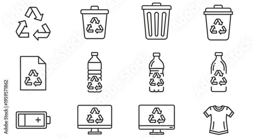 Recycling symbols and waste disposal icons in a linear style arrangement
