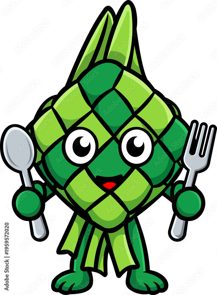 Obraz premium green Ramadan ketupat cartoon vector holding a spoon and fork