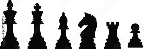 Chess silhouette illustration, six classic icons of king, queen, bishop, knight, rook, and pawn, strategy game theme, vector art, black isolated bold design