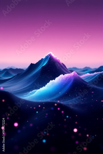 Dreamy Neon Landscape Happy Birthday Background with Mountains and Stars