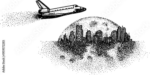 Space shuttle orbiting planet in stippling art with cityscape and cosmic theme