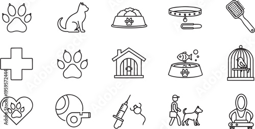 Pet Care and Veterinary Services Icon Set - Professional Animal Healthcare Outline Illustrations