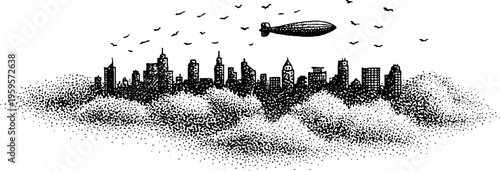 Vintage steampunk airship journey over city skyline in black and white stipple art