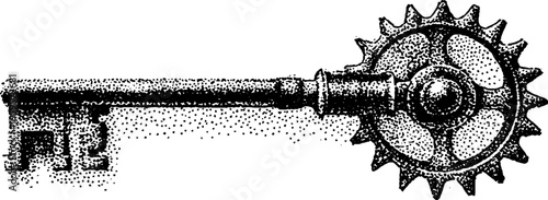 Vintage steampunk key with gear ornaments in black and white stipple design