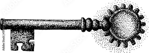 Intricate steampunk key design with gear ornaments in black and white stippling