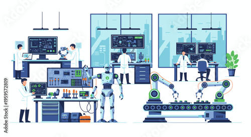 Illustration of people working in a futuristic laboratory with robots and computer equipment in a blue and white color scheme.