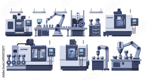 Illustration of various industrial machines and robotic arms in a factory setting with a technical and modern mood.