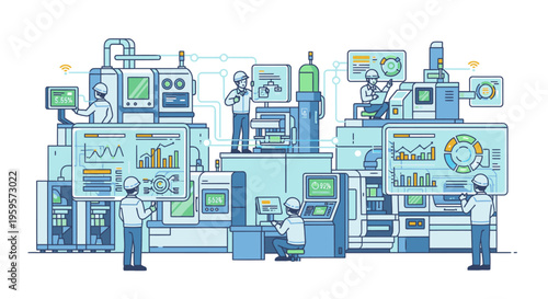 Illustration of a futuristic industrial control room with technicians operating various machinery and monitoring screens in a blue-toned facility.