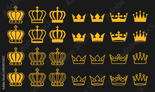 Crown collection. King and queen icon. Heraldry and royal sign. Heraldic coat of arms symbol. Luxury logo. Vector illustration image.