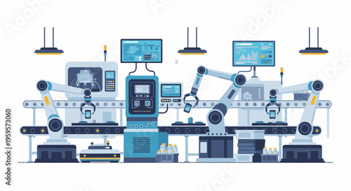 Flat lay illustration of a futuristic industrial workspace with robotic arms, monitors, and machinery in shades of blue and gray against a white background.