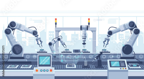 Industrial robotic arms operating on a production line with computer screens and machinery in a factory setting with a futuristic and technological mood.