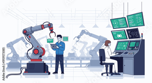 Illustration of two technicians working with industrial robots and computer systems in a modern factory setting with a clean and technological mood.