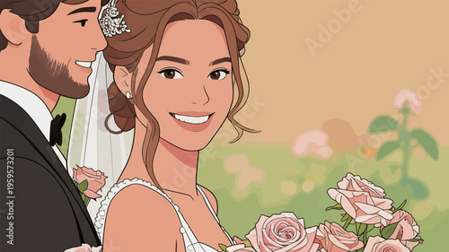 Couple standing together at a wedding with roses in hand, capturing a joyous moment in a garden during bright daylight