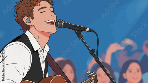 Singer performs with guitar on stage while audience enjoys the concert at an indoor venue in the evening